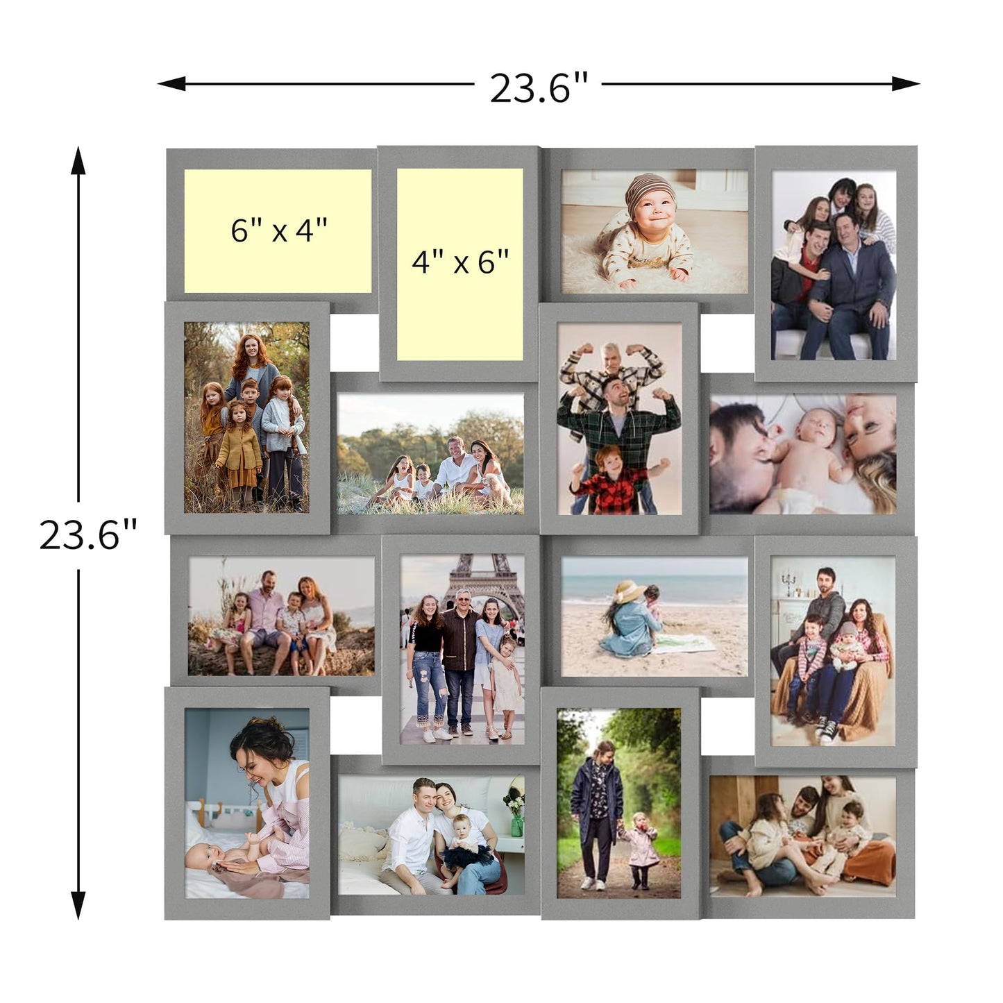J.M.Deco Collage Picture Frames for Wall 16 Opening, Large Photo Frame Collage Wall Hanging for 4x6 Photo, Reunion Friends Family Memory, Christmas Gift - Grey