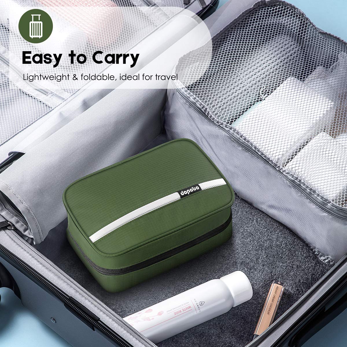 dopobo Travel Toiletry Bag, Dopp Kit Waterproof Makeup Bag Shaving Bag with Hanging Hook, Portable Toiletry Organizer for Traveling and Camping (Army Green)