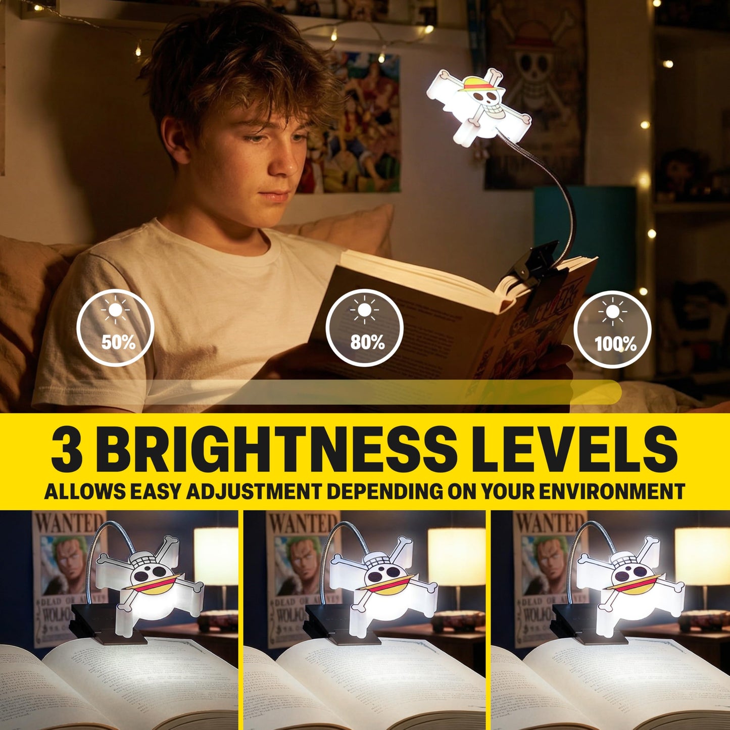 Get Trend One Piece 3D Book Light for Reading at Night, Clip On 360° LED Reading Lights in Bed, Eye Caring 3 Dimming Brightness, Battery & USB Straw Hat Clamp Lamp, Anime Gifts for Book Lovers