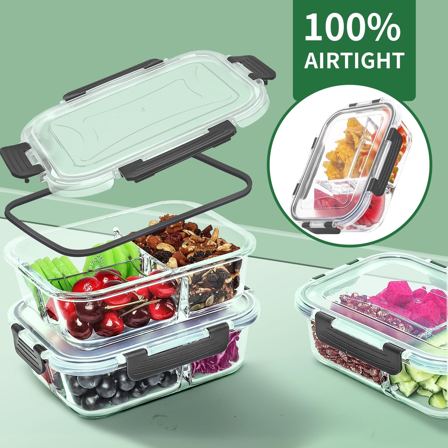 Skroam 5-Packs 36OZ Glass Airtight Food Storage Containers 3 Compartments, Meal Prep Container Set with Lids for Pantry Kitchen Organizers and Storage, BPA Free Glass Lunch Boxes Bento