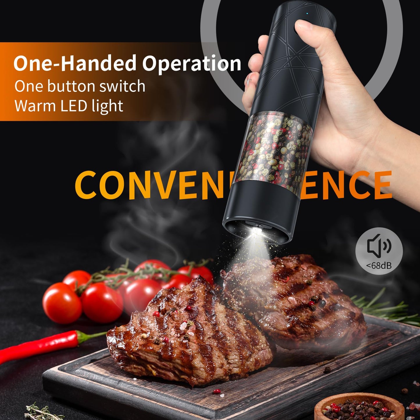 2Pack Electric Salt and Pepper Grinder Set USB Rechargeable with Warm LED Light, Adjustable Coarseness Lidaop Large Capacity Automatic Salt Pepper Mill Shakers for Kitchen, Restaurant, Upgrade Black