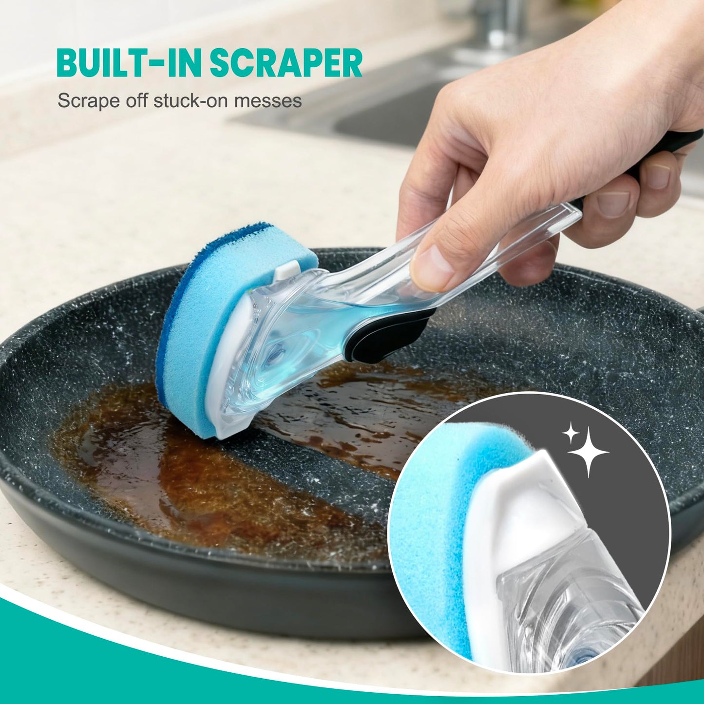 Dishwand with Refills, Dish Wand with Handle Replacement Sponge Heads, Non Scratch Soap Control Leak-Proof Dispenser Scrub,Heavy Duty Advanced Scrubber Brush Pads for Cleaning Dishes Sink Washing Tool