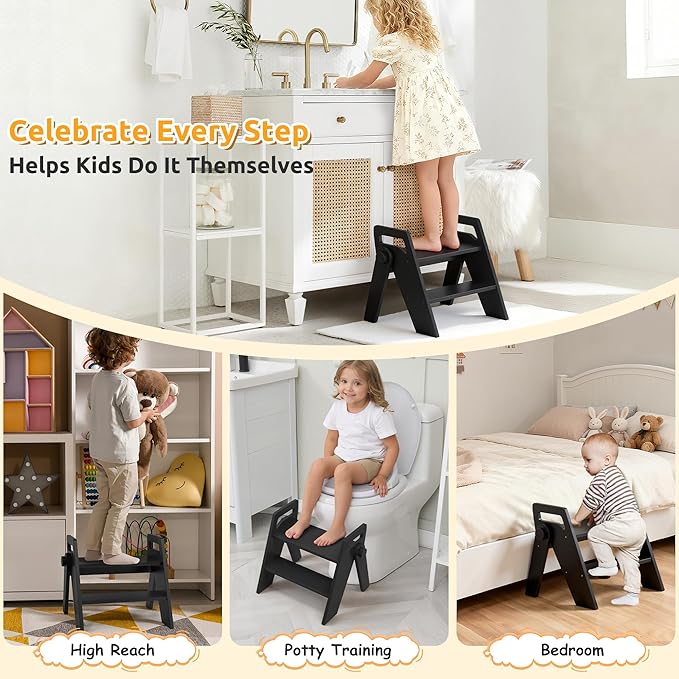 Wooden 2 Step Stool for Kids Bathroom Foldable 2-Step for Toilet Potty Training, Child Stepping Stool for Kitchen Nursery Bedroom