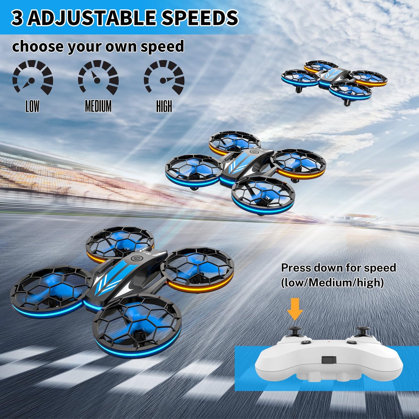 Drones - RC Drone with Auto Hovering and Headless Mode, Quadcopter with LED Light, Propeller Full Protect, 3D Flips, 3 Batteries, Remote Control, Best Gifts