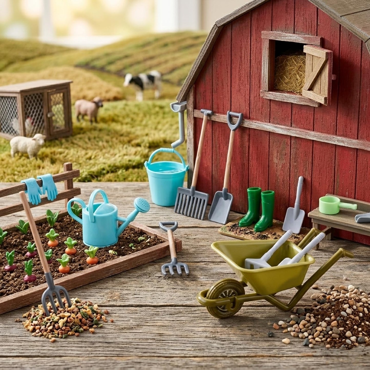 1:12 Scale Miniature Dollhouse Garden Tools Set, Mini Plastic Gardening Kit with Shovel, Rake, Hoe & Watering Can for Fairy Garden, Micro Landscape & DIY Craft Decoration