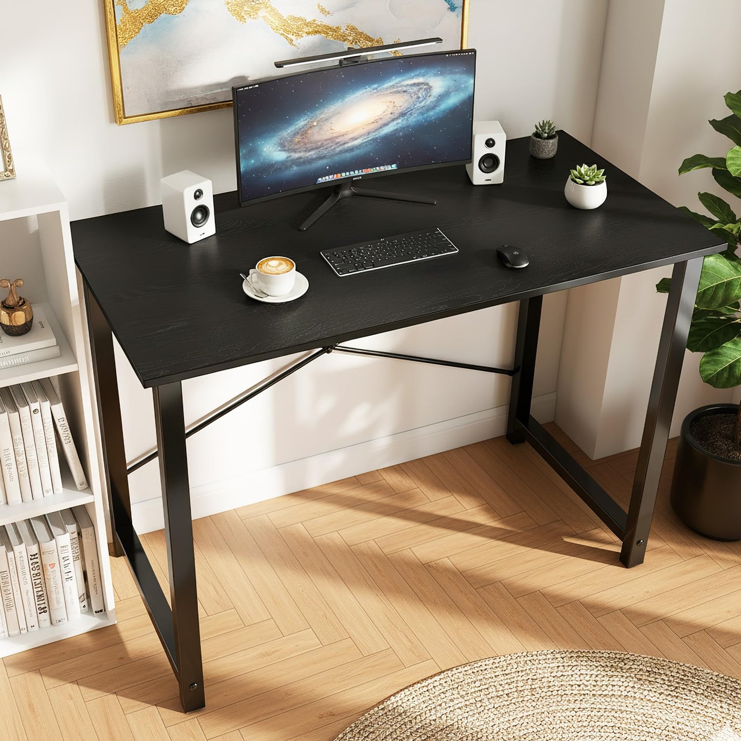 OLIXIS 47 Inch Computer Office Desk for Small Spaces, Writing Gaming Work Desk Modern Study Table with Storage Bag & Headphone Hook Home Bedroom, Black