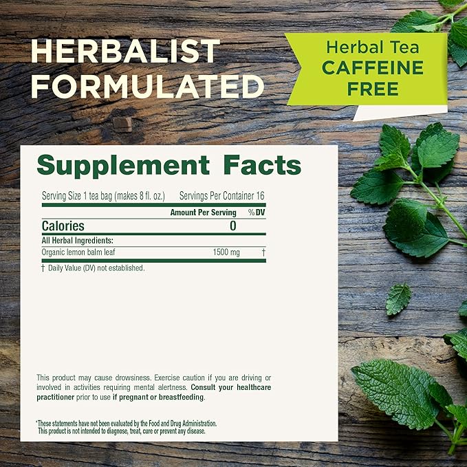 Traditional Medicinals - Organic Lemon Balm Herbal Tea (6 Pack) - Stress Relief & Supports Digestion - 96 Tea Bags Total