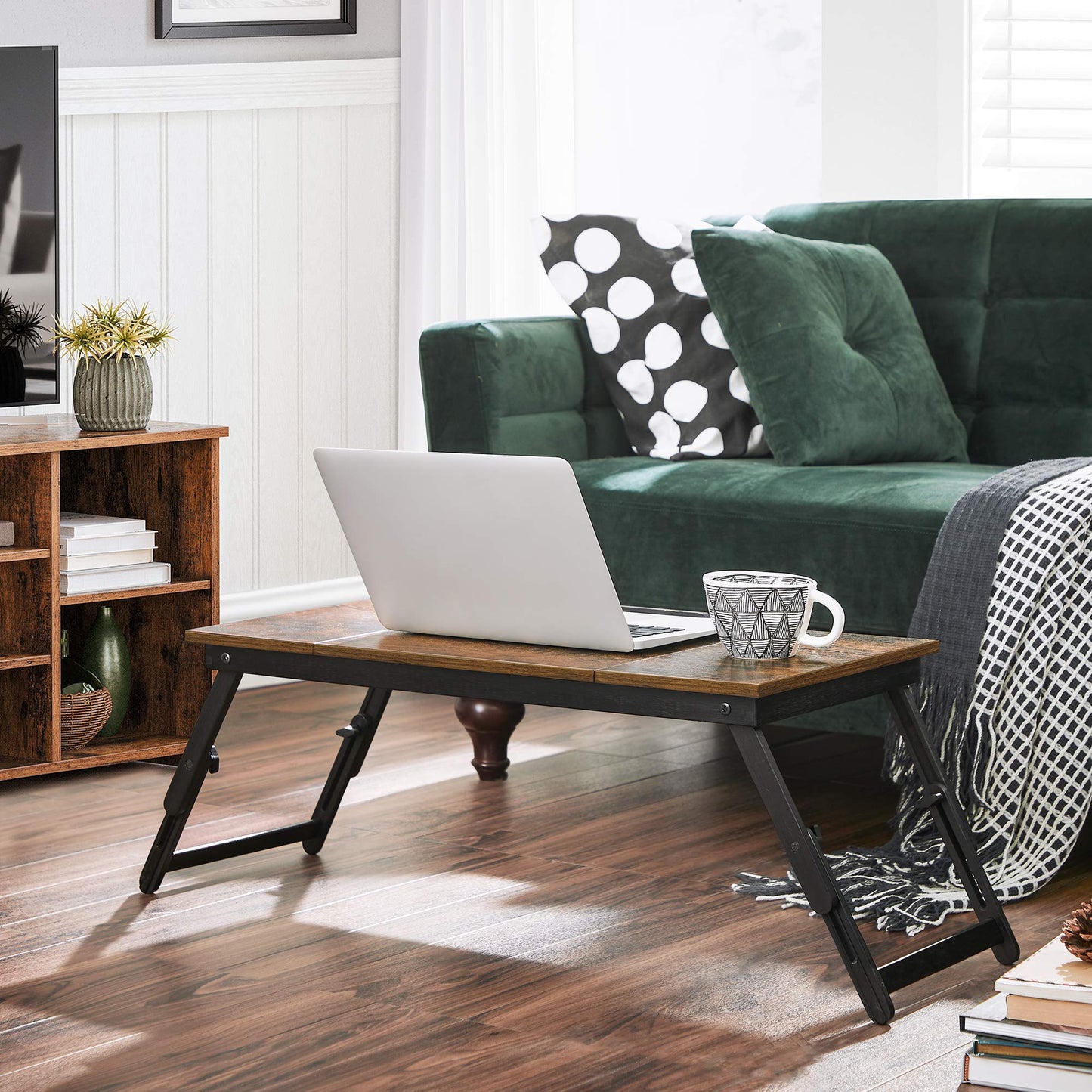 SONGMICS Laptop Desk, Bed Sofa Breakfast Tray, Adjustable Tilt Top, Right-Left Handed, Adjustable Folding Legs, Drawer, Rustic Dark Brown ULLD110B01