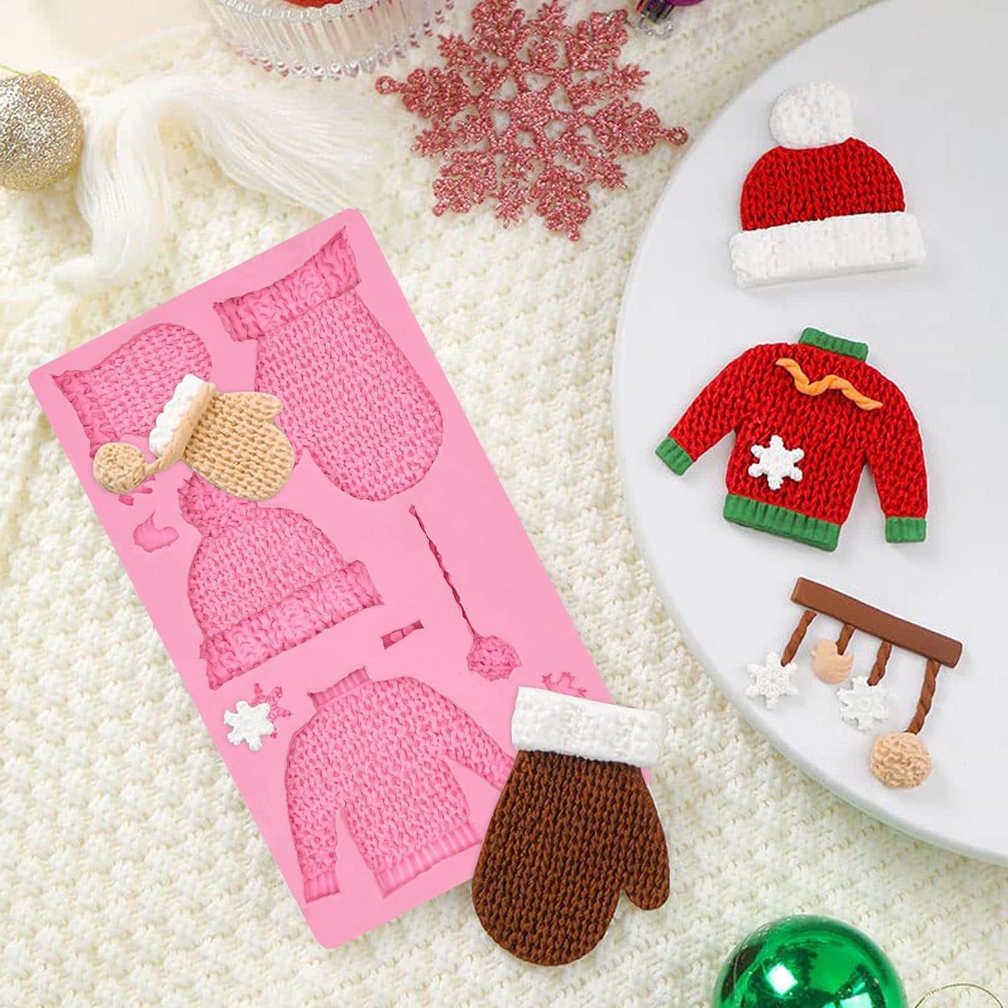 Christmas Knitted Sweater Fondant Mold, Glove Hat Cake Decorating Silicone Mold, Candy Craft Chocolate Candy Mold, Cookies, Bread, Mousse, Butter Baking Tools, Polymer Clay, Epoxy Resin, Color Random