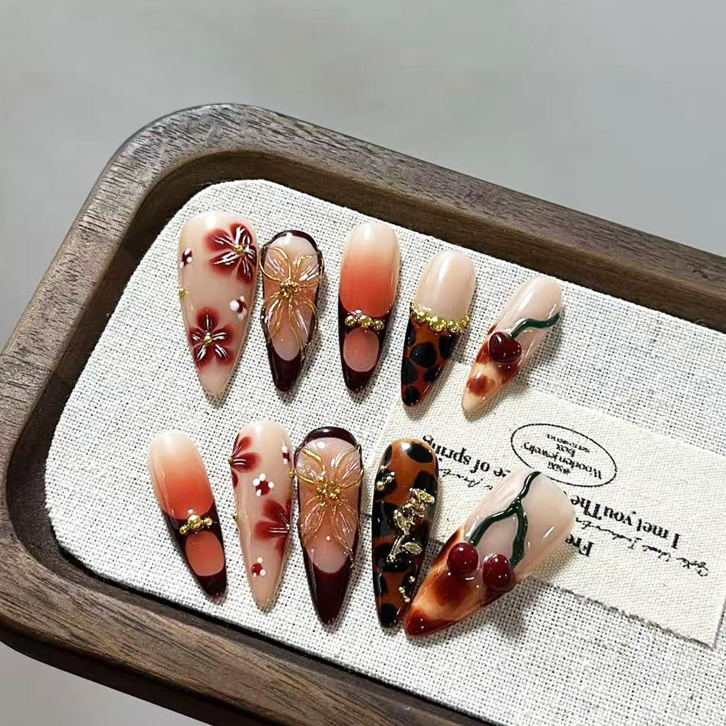 Handmade Press on Nails Medium Almond Fake Nails Press Ons Fall Leopard Lrint 3D Gold Flower Cherry Rhinestone Full Cover Rose Charm Stick on Nails Glue on Nails for Women Girls (Charm Brown S)