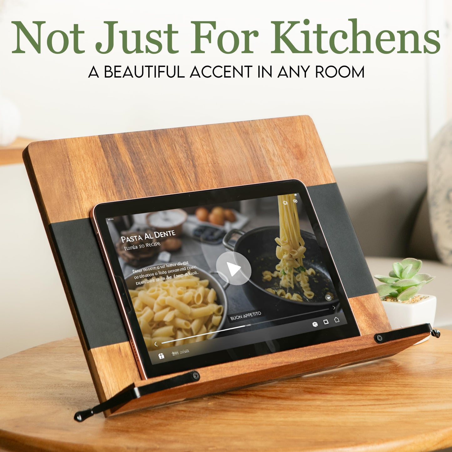 Cookbook Stand for Kitchen Counter – Adjustable Wood Book Holder with Resin Accent, Rustic Recipe Book Stand with Secure Page Grips, Compatible with Cookbooks & Tablets