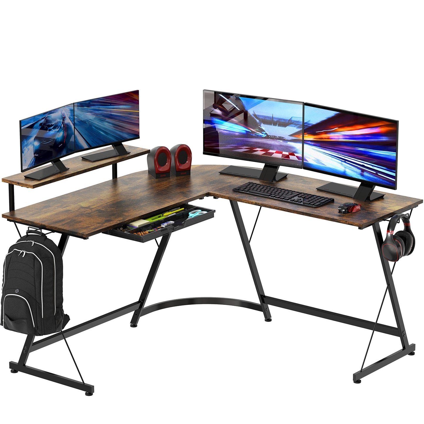 SHW 51 x 51 Inches Vista L-Shaped Desk with Monitor Stand and Drawer, Rustic Brown