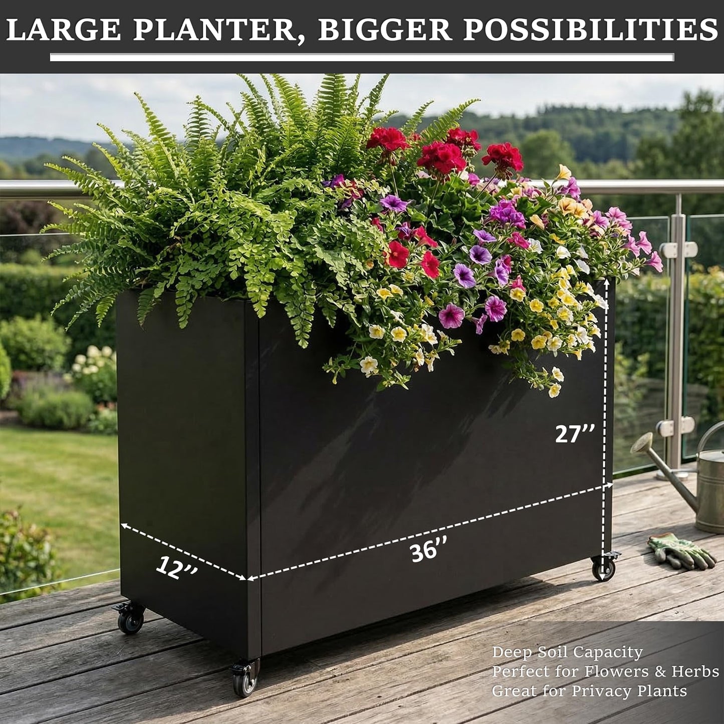 WIZWERK Metal Planter Box with Wheels, 36" Large Rolling Outdoor Planter with Drainage & Removable Shelf, Rectangular Planter Raised Garden Bed for Patio, Balcony, Porch & Backyard, Black