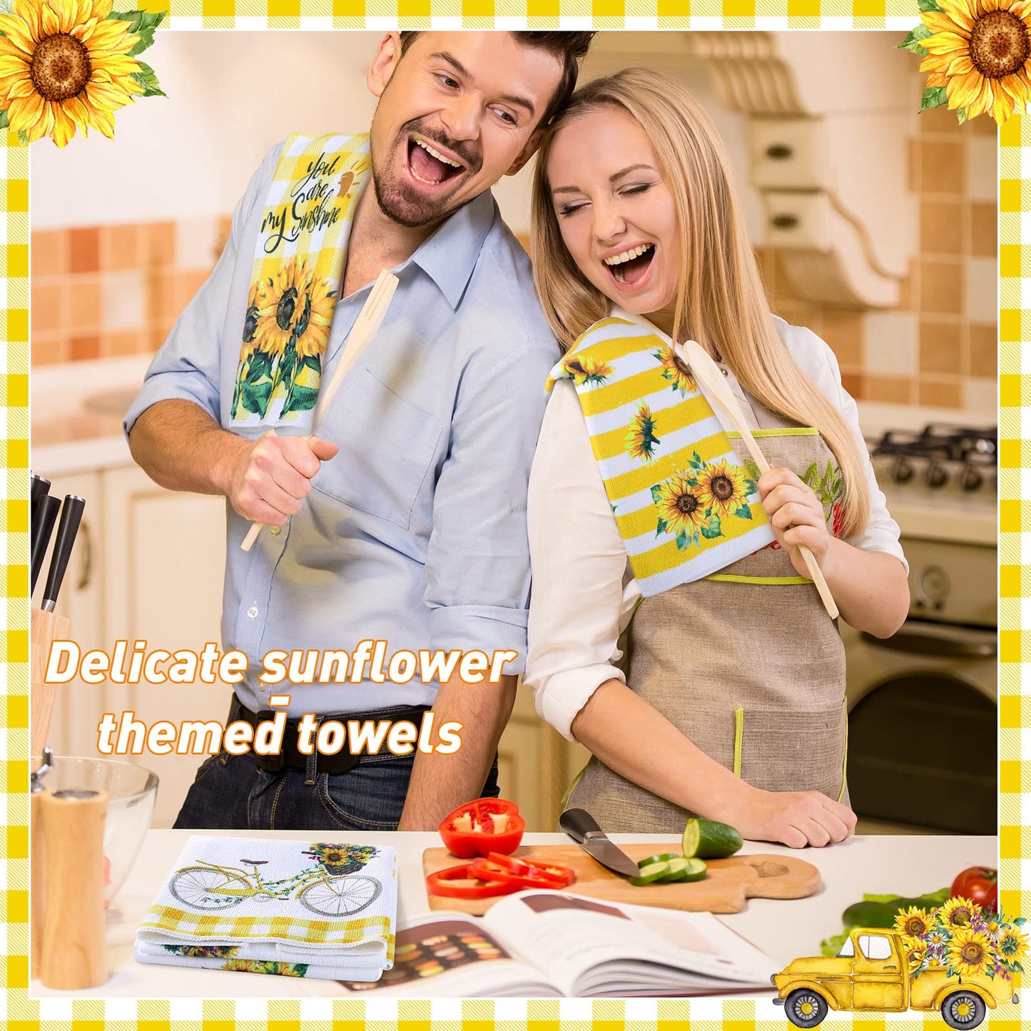 Oudain 6 Pcs Sunflower Kitchen Dish Towels Sunflower Absorbent Tea Towels Reusable Fast Drying Cleaning Dishcloths for Summer Housewarming Gift