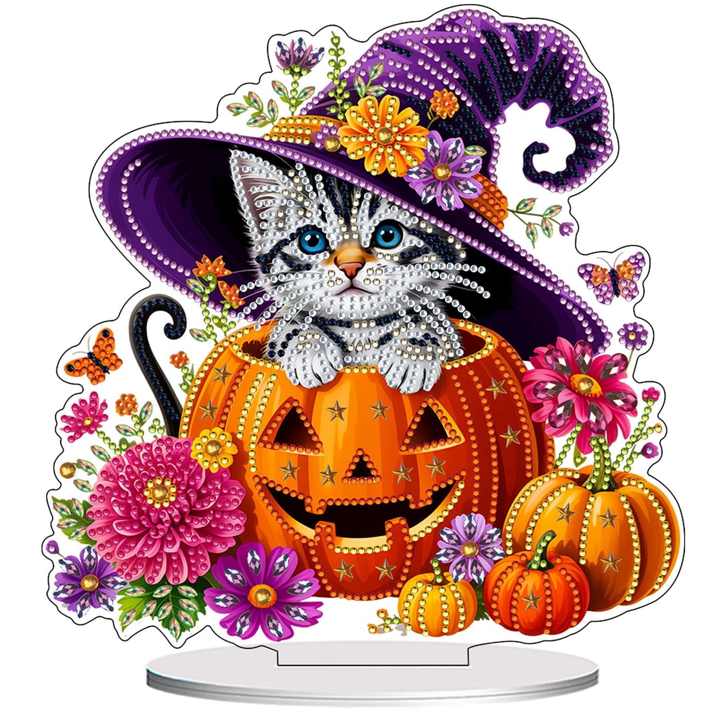 VODAPYC Halloween Diamond Art Tabletop Painting Kit, DIY Stand Up Double Sided Special Shaped Diamond Painting Desktop Ornament(Halloween-Cat)