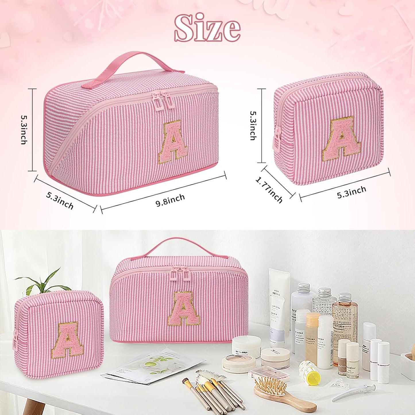 Travel Makeup Bag for Women, 2Pcs Portable Personalized Initial Makeup Organizer Bag, Open Flat Large Cosmetic Bag With Travel Essential Pouch (Pink Letter E)