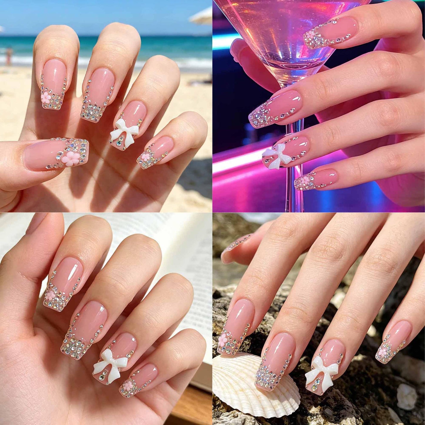 TENPAL Handmade French Tip Press on Nails Medium Coffin 3D Bow Rhinestone Glitter Pink Cute Sweet Girly Reusable Daily Wear Salon Acrylic False Nails 10PCS(L)