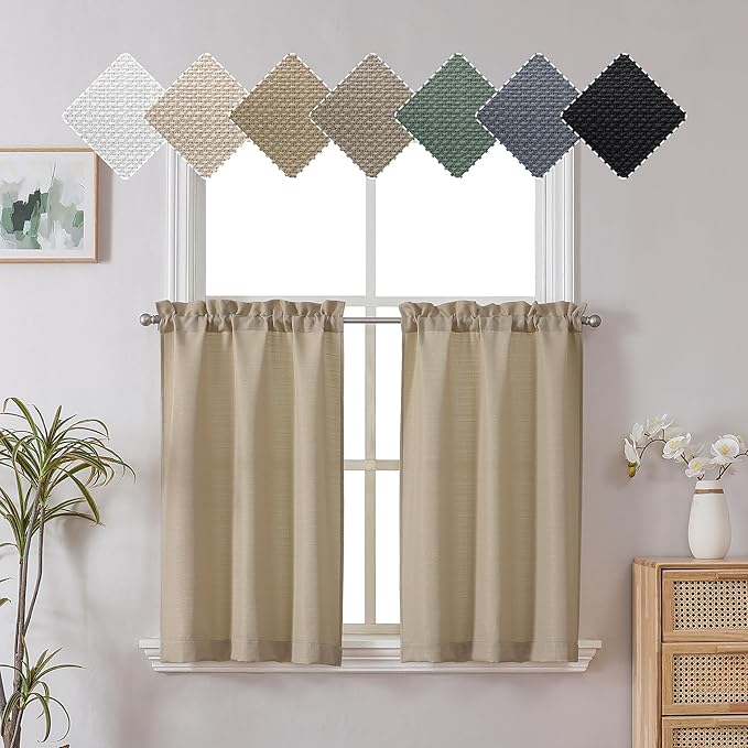 Chyhomenyc Camel Curtains - 30 Inch Length, Faux Linen Textured Small Cafe Curtains, Light Filtering for Bathroom Windows, 30x30 Inch, 2PCS