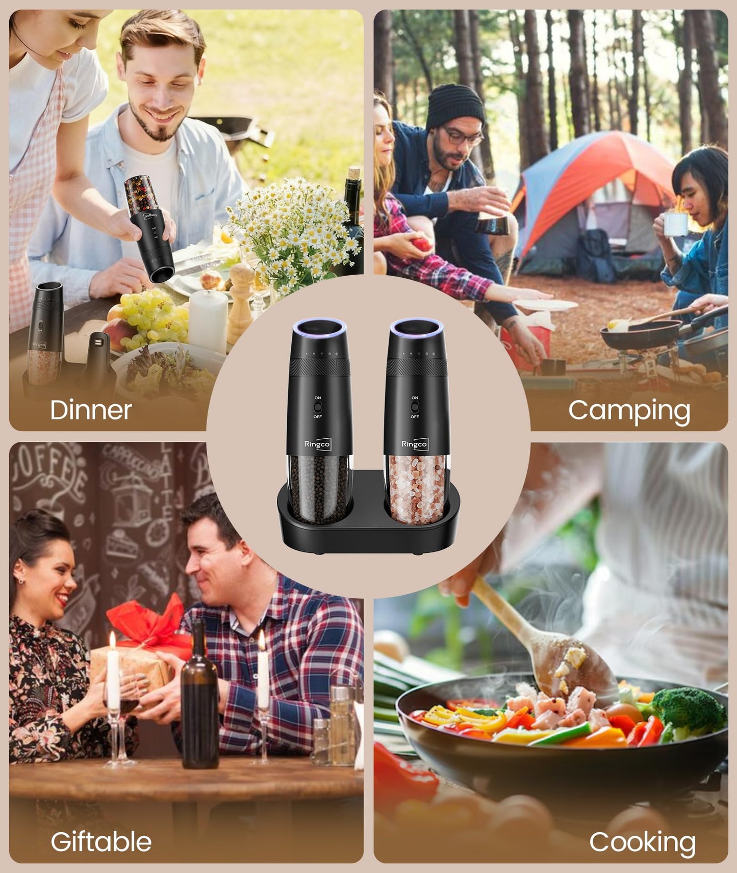 Ringco Gravity Electric Salt and Pepper Grinder Set with Charging Base, Automatic Gravity Salt and Pepper Mill with Adjustable Coarseness, LED Light, 135ml Large Capacity, Gifts for Women