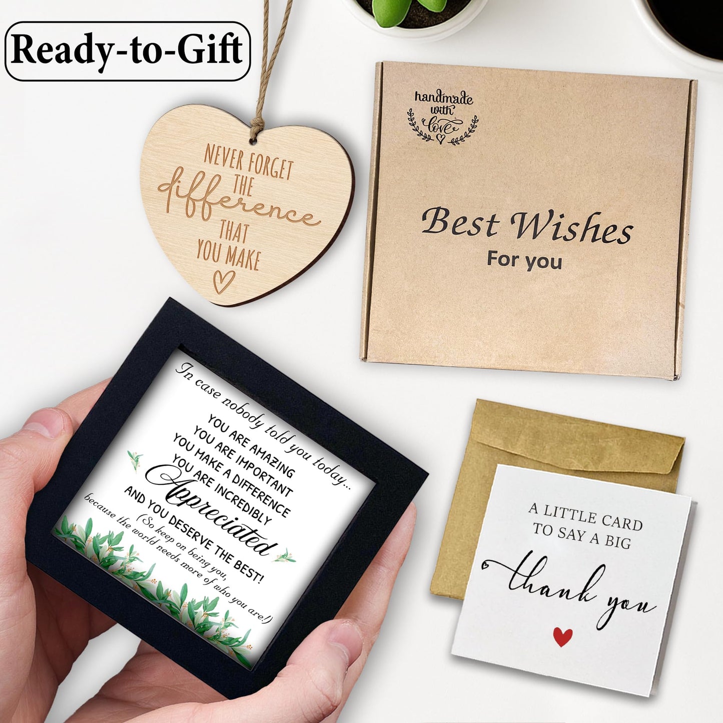 Thank You Appreciation Gift Set with Inspirational Quote Sign, Wooden Heart Ornament & Card – Meaningful Recognition Gift Doctor, Coworkers, Employees, Teachers – Desk or Wall Decor HF483