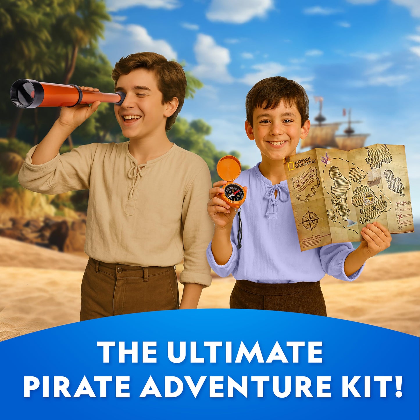 National Geographic Pirate Adventure Activity Kit – Dig for Treasure, Make a Pirate Hat & Map, Includes Spyglass, Compass, Replica Doubloon & Pyrite, STEM Toys, Telescope for Kids
