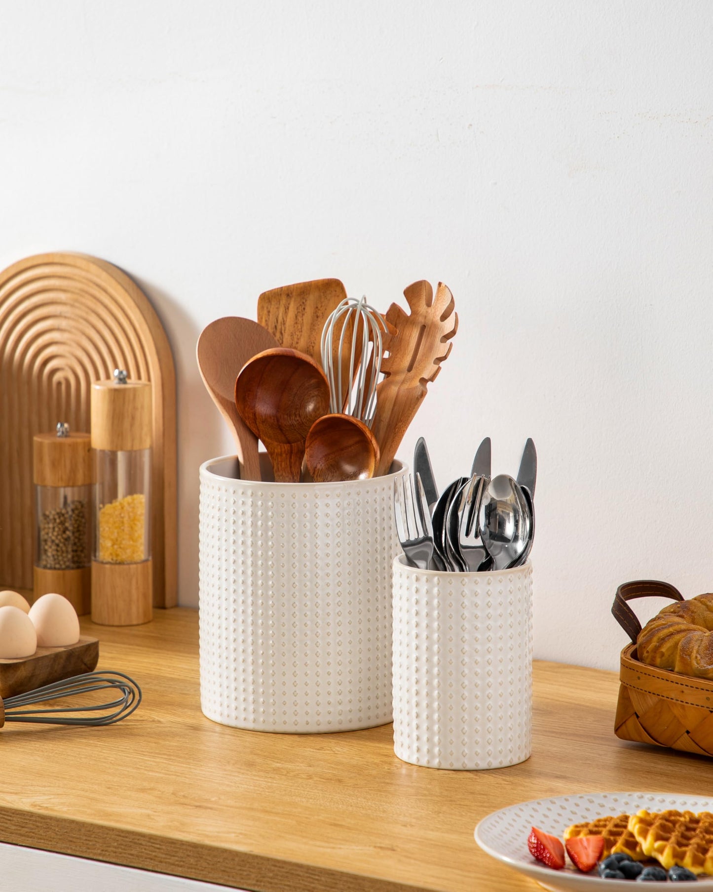 MALACASA LYDIA Ceramic Utensil Holders, 7.3"+5.5" Kitchen Utensil Crock Set for Countertop, Large & Small Utensil Organizers for Cooking Tools, Rhombus Pattern