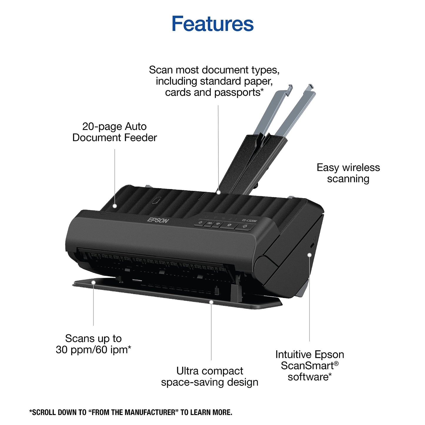 Epson Workforce ES-C320W - Wireless Compact Desktop Document Scanner - 2-Sided Scanning Auto Doc Feeder - Can Scan Paper and Cards - Black