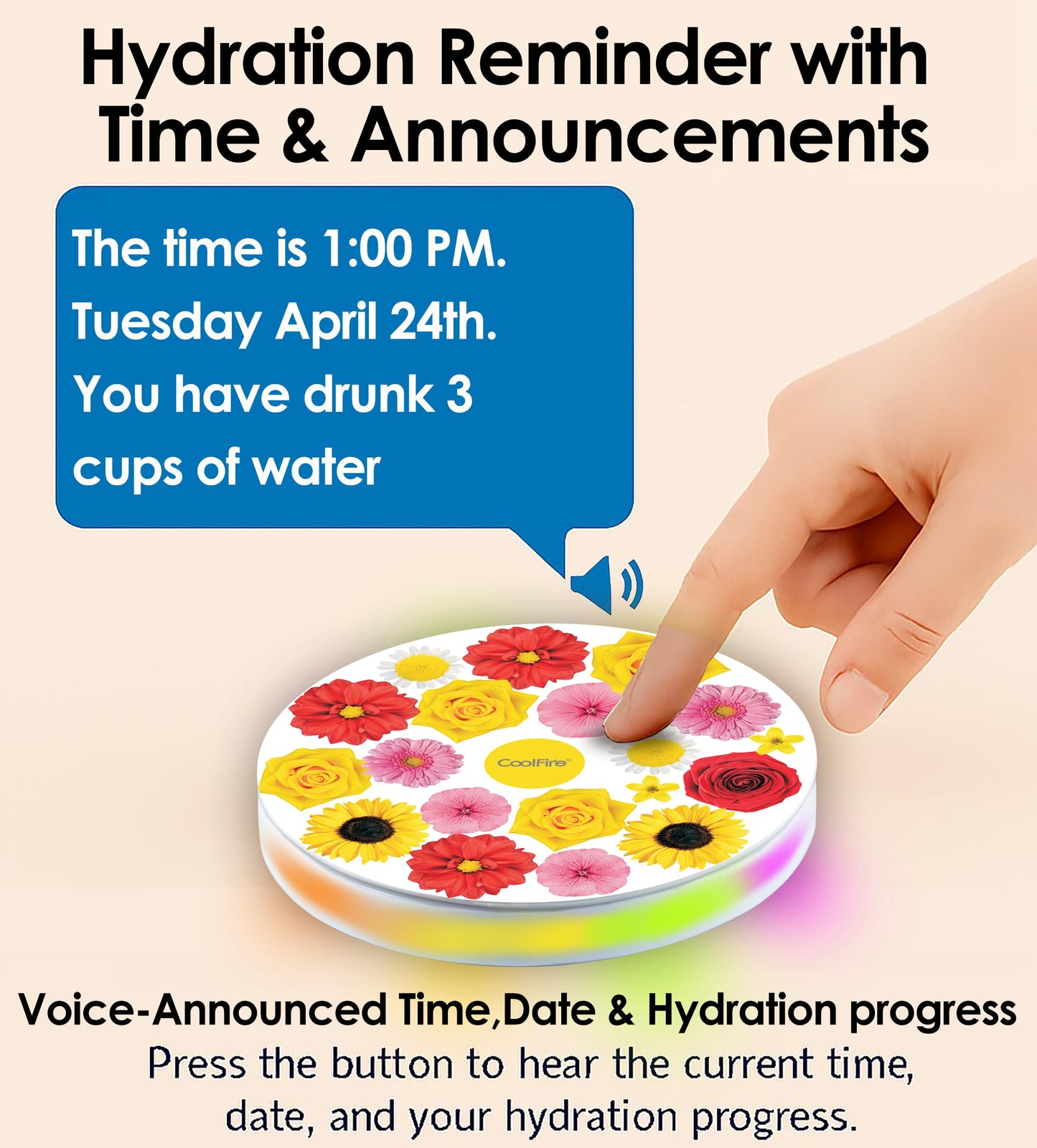 CoolFire Self-Care Gift – Smart Hydration Reminder Coaster with Voice (English only) Alerts, Ambient Light & Changeable Mood Covers for Pregnancy, ADHD, Stress Relief & Everyday Wellness (F)