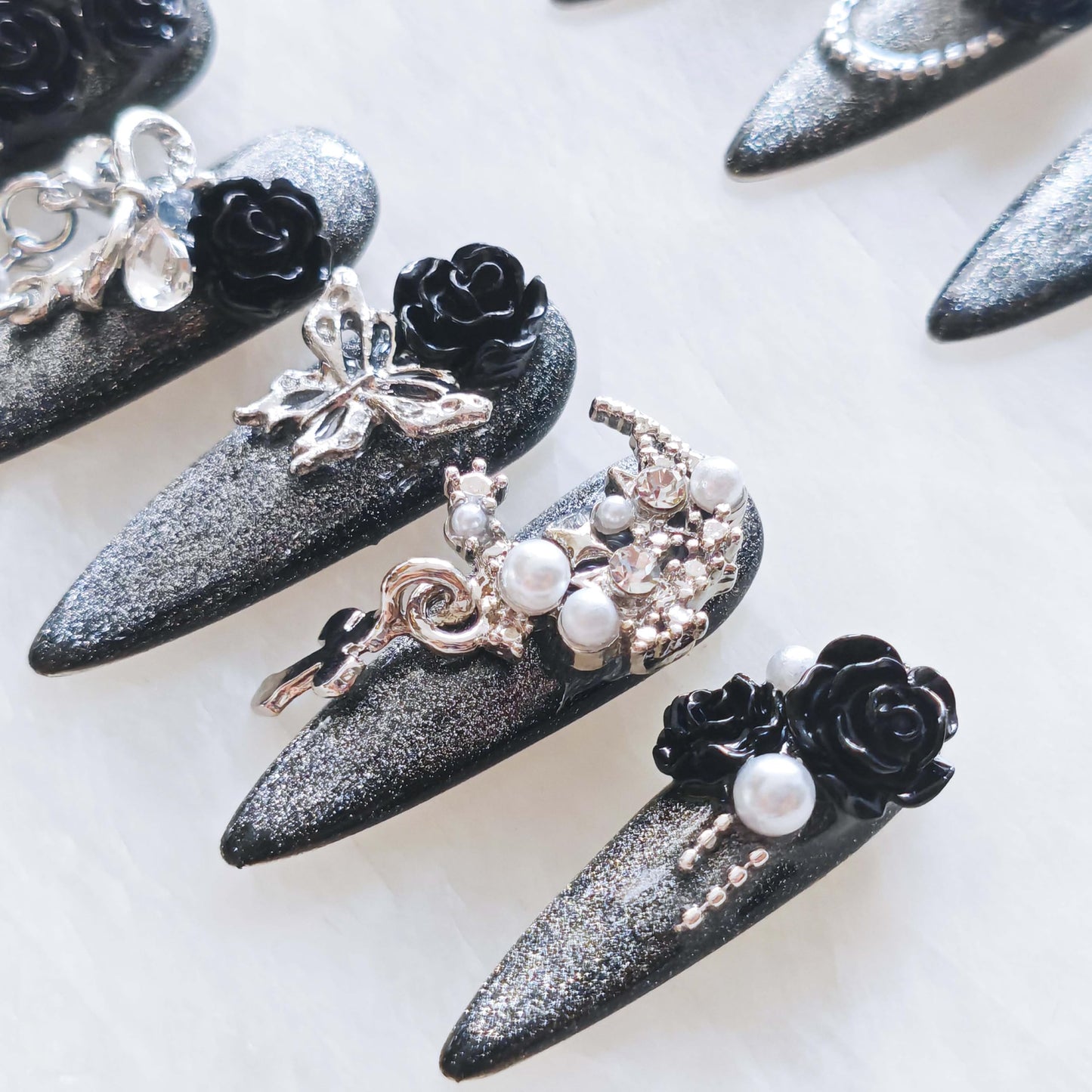 GLORS Luxury Long Stiletto Press-On Nails, 3D Black Roses with Silver Glitter, Pearl and Rhinestone Decorations, Handmade False Nail 10 Pieces (Small, LS)