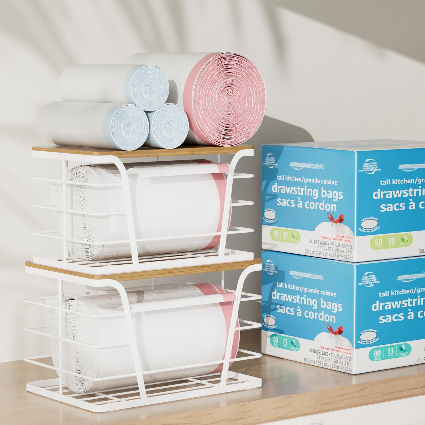 TIDIIABODE Extra Large 2 Pack Potato and Onion Storage Bins, Potato and Onion Storage Baskets with Bamboo Top, Trash Bag Dispenser, Storage Stackable for Kitchen Laundry Organizers, White