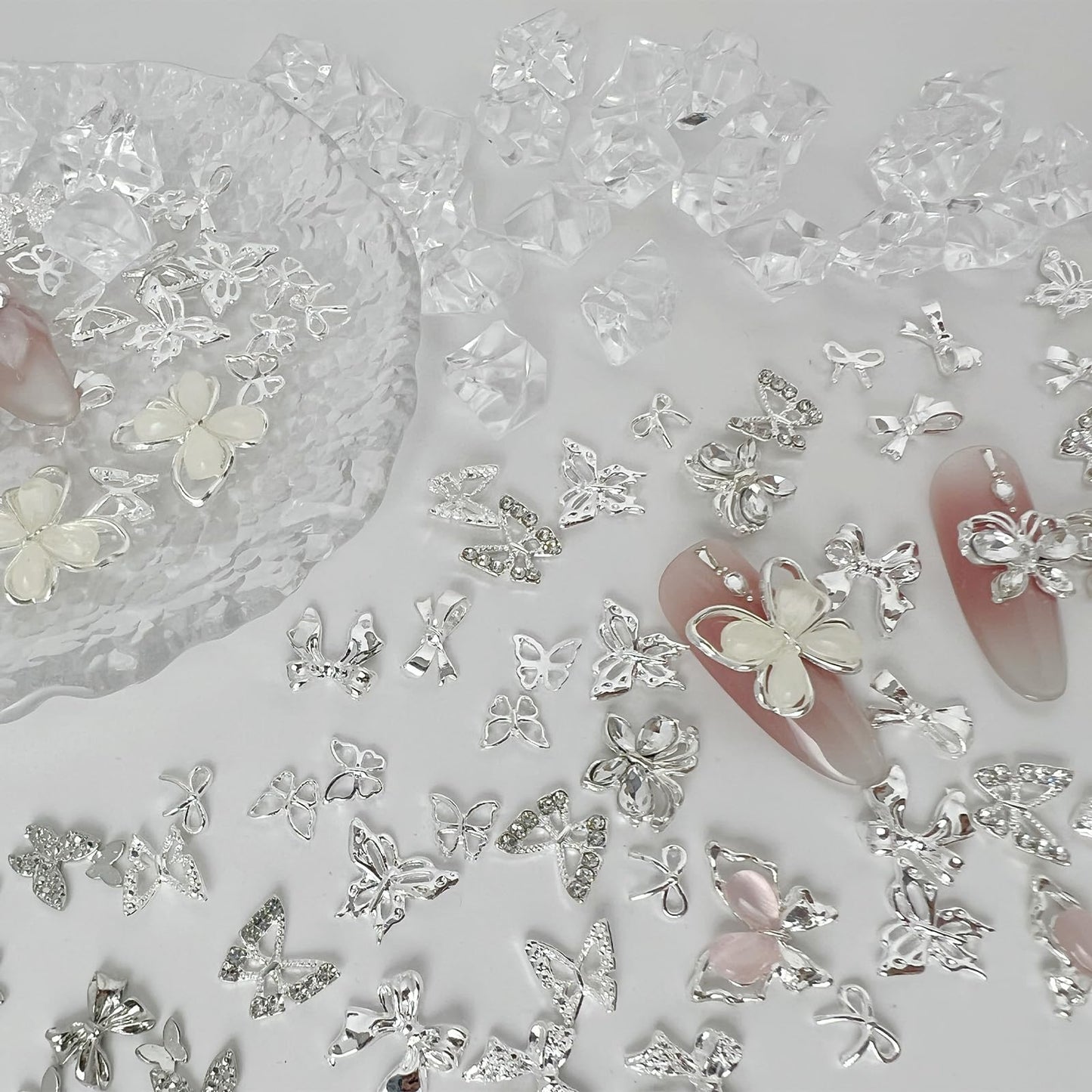 115 Pcs 3D Butterfly Bow Nail Charms Kit, Metal Rhinestone Jewelry, Y2K Coquette Sparkly Alloy Accessories for Acrylic Gel Art Design