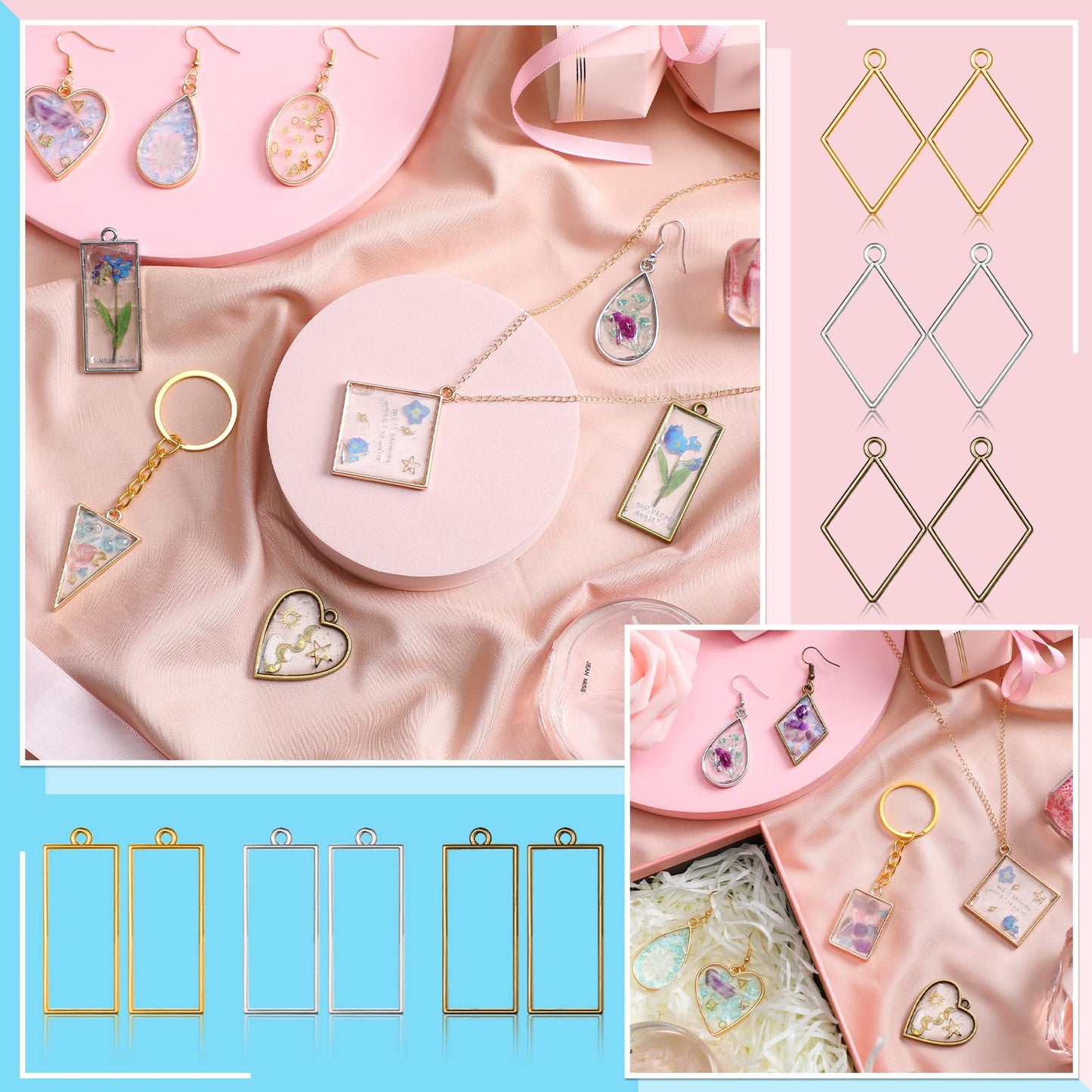 Inbagi 180 Pieces Open Bezels for Resin Jewelry Molds Making Kit Hollow Frame Pendants Assorted Geometric Frame Charms for Resin Casting Necklace Earring Making Supplies