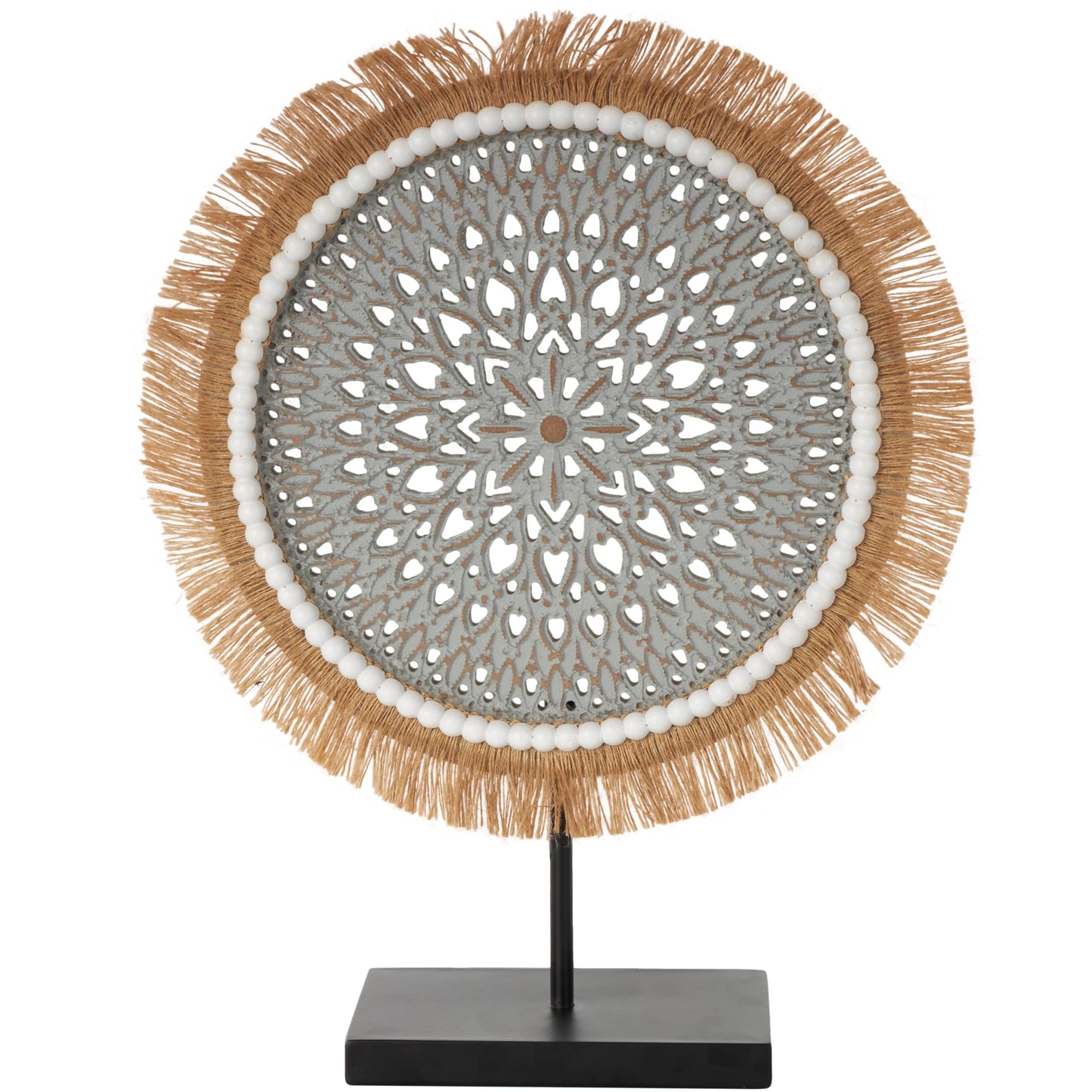 Deco 79 Wooden Tribal Handmade Decorative Sculpture Seagrass Fringed Home Decor Statue with Black Base, Accent Figurine 14" x 4" x 18", Gray