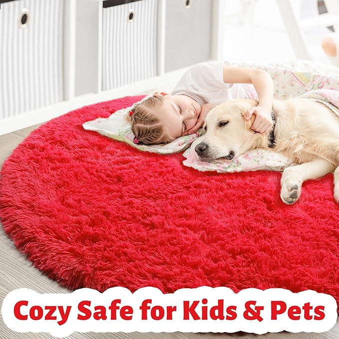 Red Circle Round Rug 7Ft for Living Room Bedroom, Large Fluffy Shag Area Rugs for Kids Room Decor Aesthetic, Fuzzy Plush Fur Carpets for Nursery Classroom, Red Carpet, Indoor Furry Rugs for Teen Boys