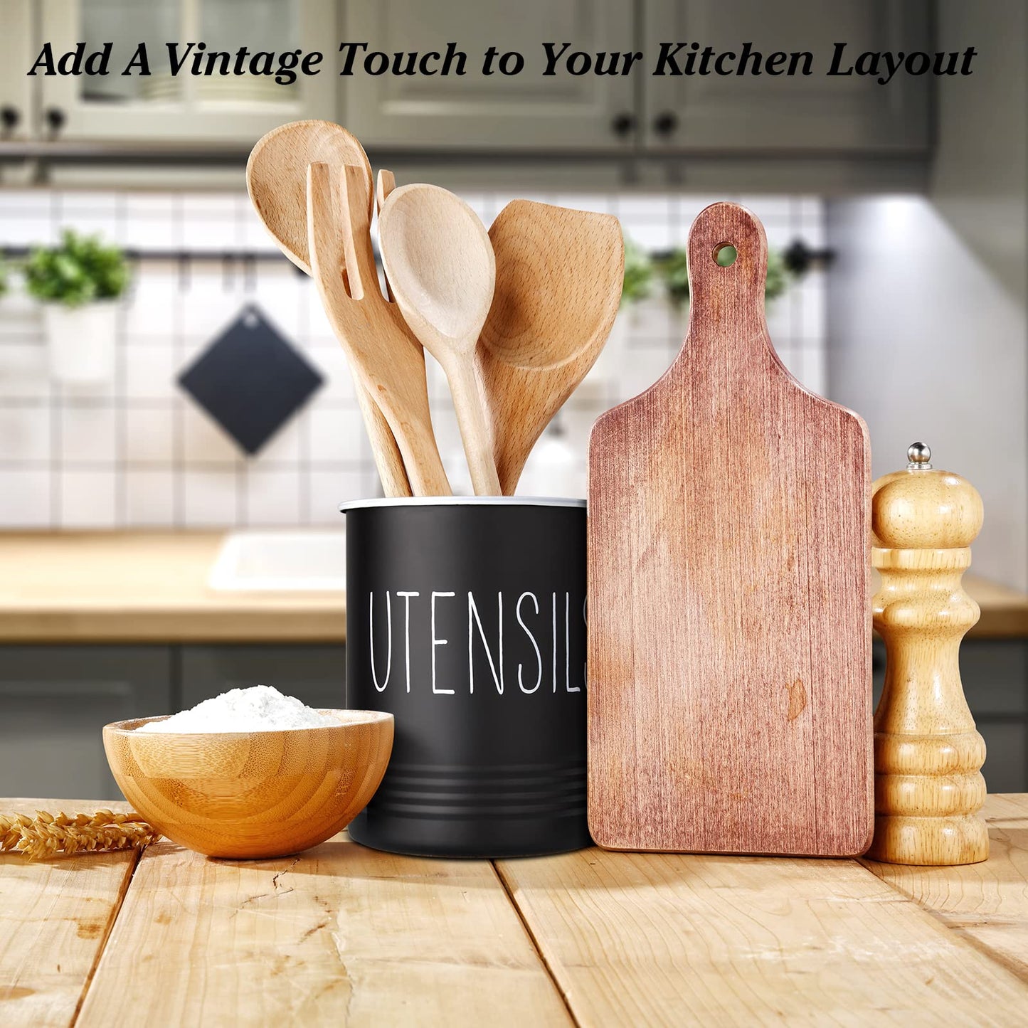 Kitchen Utensil Holder, 6.7" Utensil Holder for Kitchen Counter, Cooking Utensil Crock with Cork Bottom, Modern Farmhouse Decor, Countertop Utensil Storage Organizer Caddy, Black