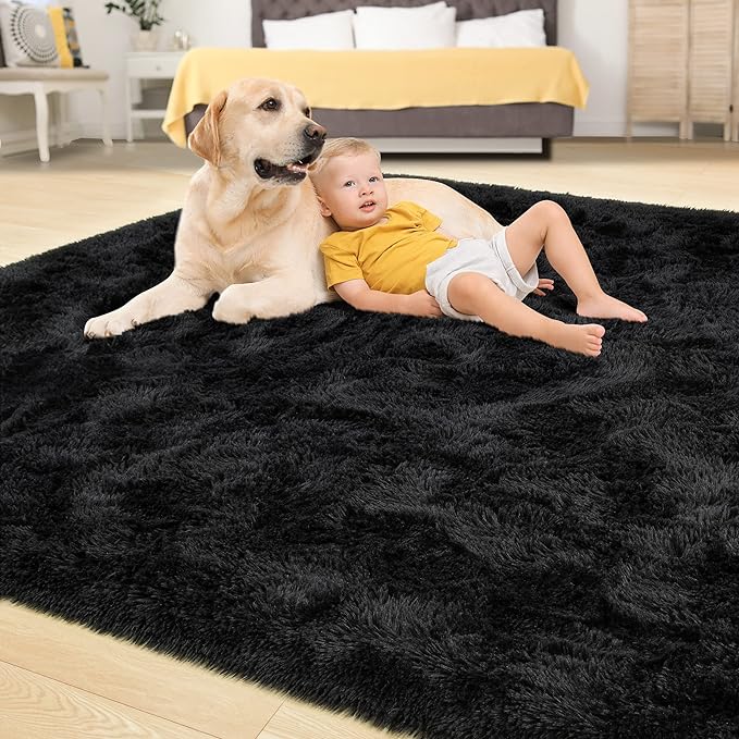 Tepook Area Rugs 9x12 for Living Room, Super Soft Fluffy Rugs for Bedroom, Modern Shaggy Rug Fuzzy Carpets for Kids, Plush Indoor Nursery Home Decor Rug with Non-Slip Bottom, Black