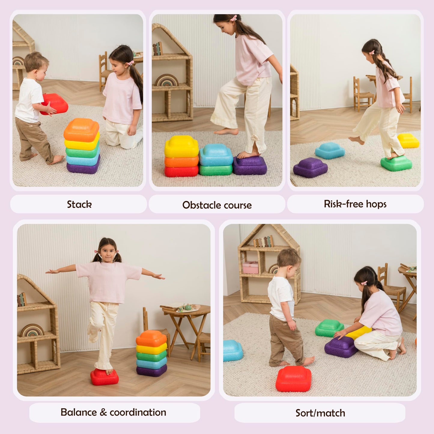 Soft Foam Stepping Stones for Kids – Indoor Balance & Coordination Toy – Lightweight Non-Toxic Styrofoam Play Stones – Obstacle Course, Floor is Lava Game, Sensory Play – Set of six