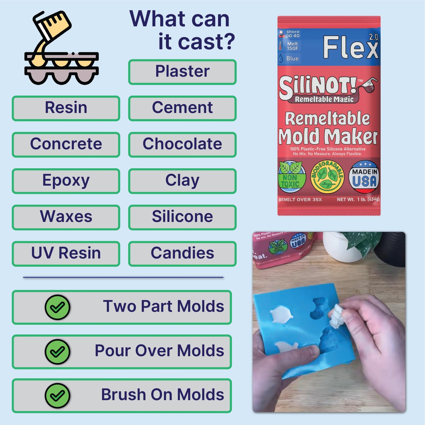 Remeltable Silicone Mold Making Kit 16oz. - Easier Than Silicone Mold Maker. Reuse 35x, No Mix, Non-Toxic, Food-Contact Safe for Plaster, Resin, Epoxy, Chocolate, Wax & Soap Mold