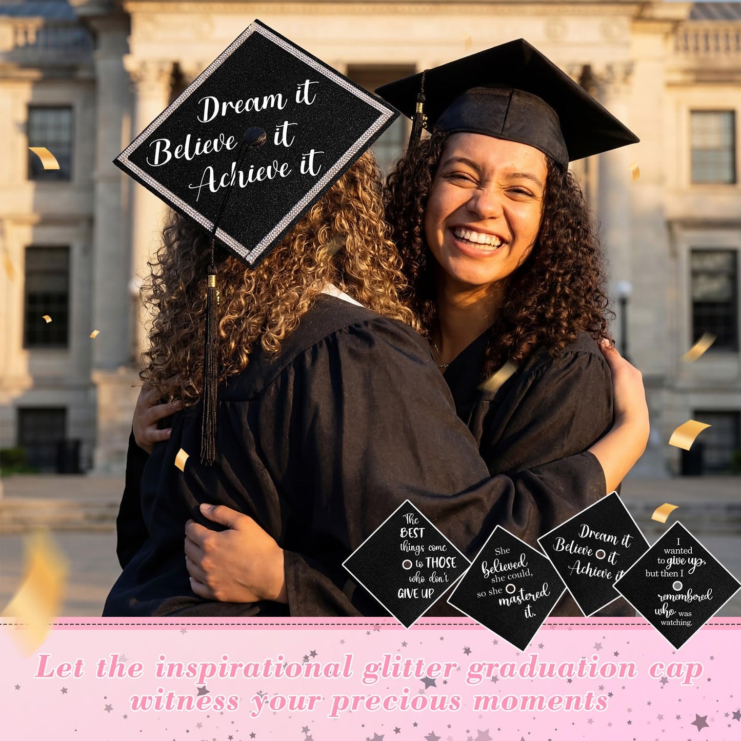 Dunzoom Black 16 Pcs Graduation Cap Decorations Kit Glitter DIY Cardstock Paper Letter Sticker for Graduation Hat Topper