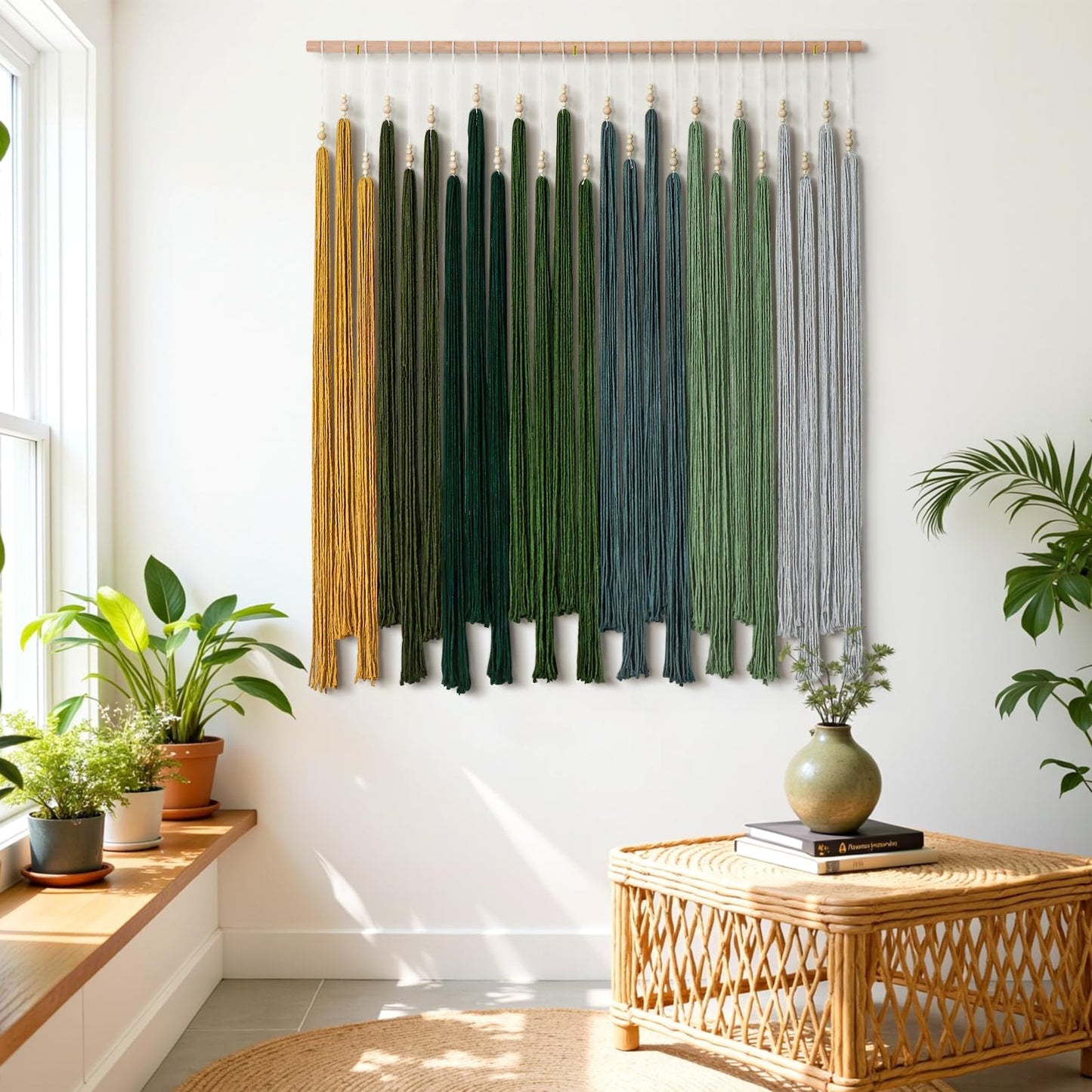 KHOYIME Macrame Wall Hanging Large Boho Home Decor Aesthetic, Bohemian Green Tassels Tapestry Modern Handmade Artwork Chic Wall Art Decorations for Living Dining Room Bedroom Nursery Office 38.5"x43"