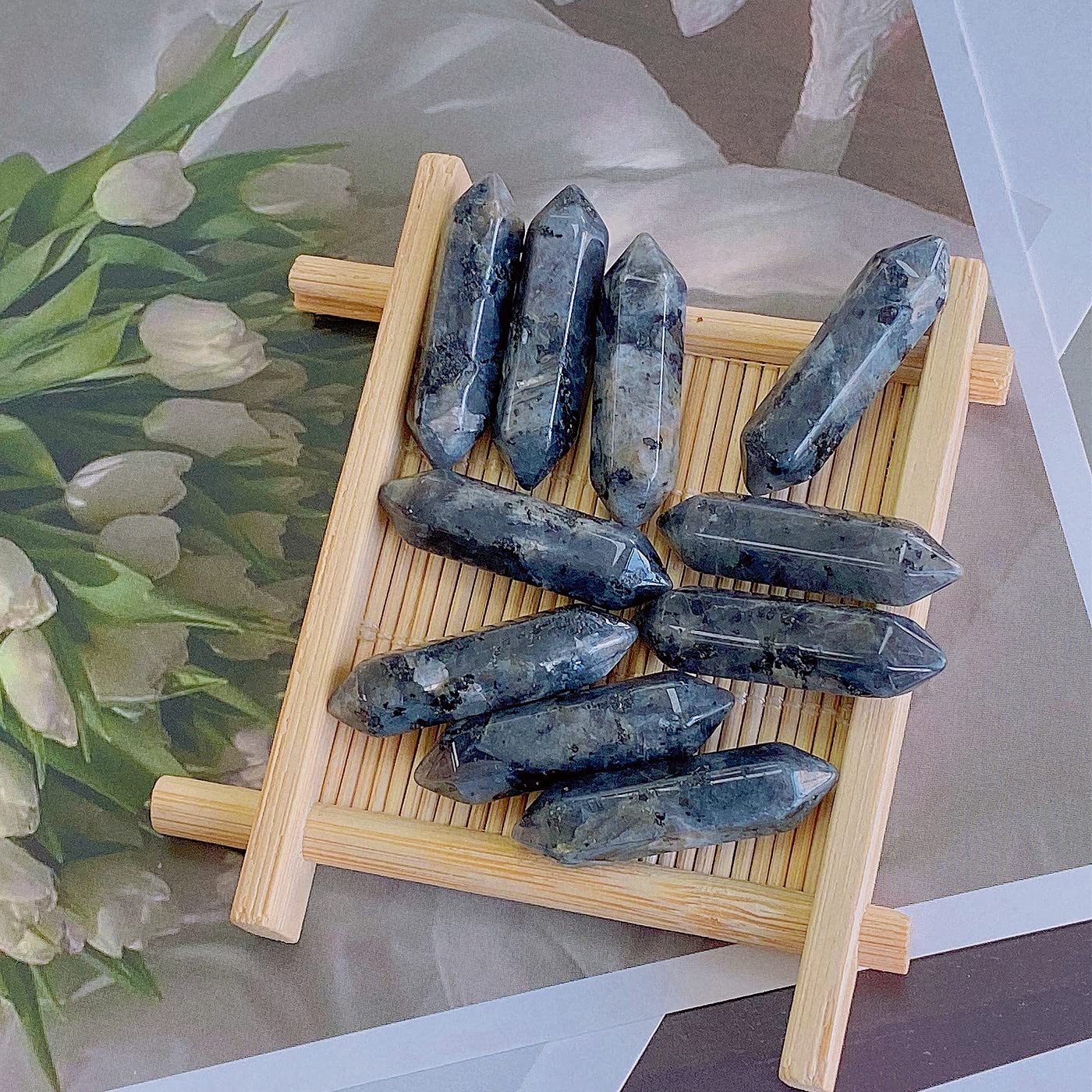 10 PCS Labradorite Healing Crystals Wands Polished Tumbled Stones Bulk Natural Hexagonal Pointed Reiki Energy Balancing Meditation Therapy Chakra Wand Set