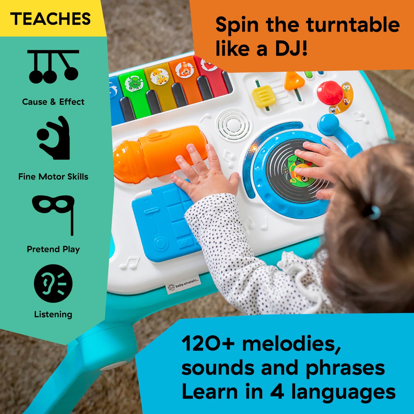 Baby Einstein Musical Mix ‘N Roll 4-in-1 Push Walker, Activity Center, Toddler Table & Floor Toy, 100+ Songs & Phrases, DJ Station with Piano
