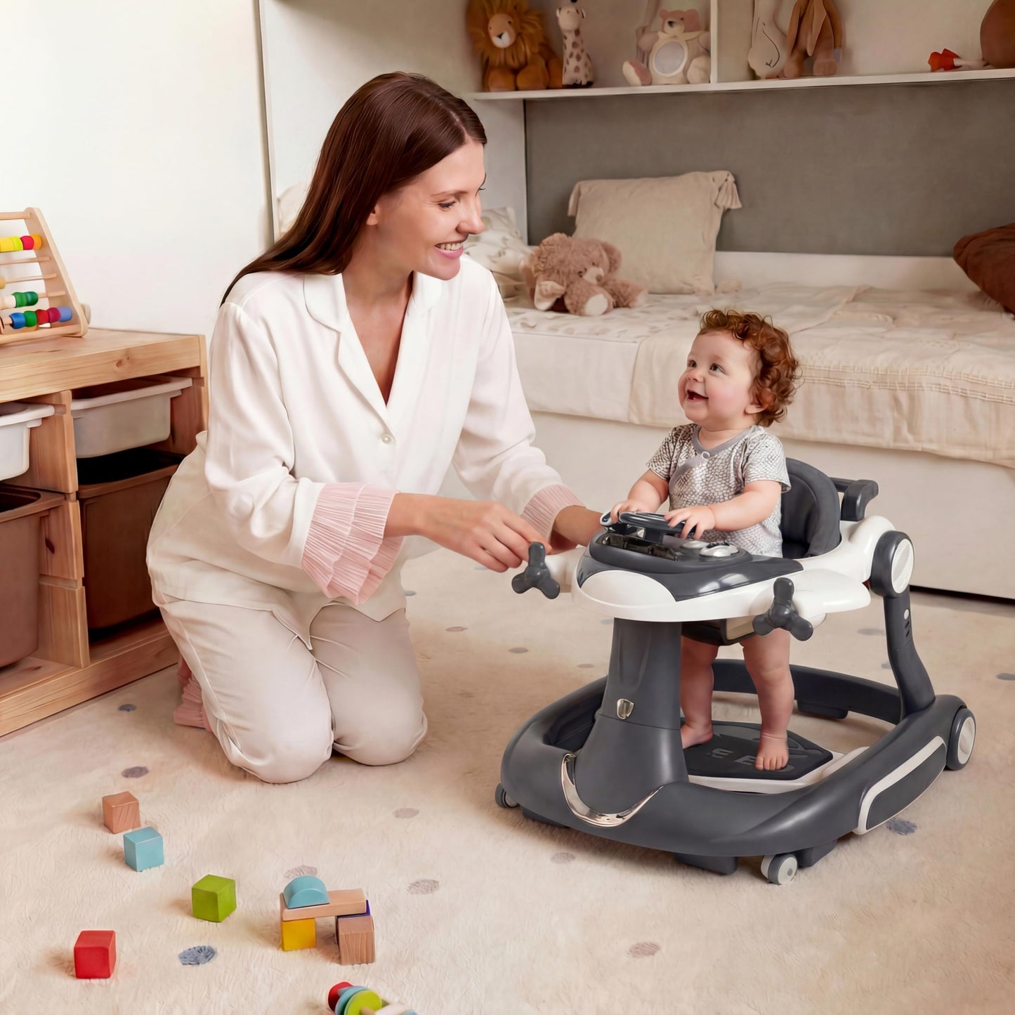 TODECARE 7 in 1 Baby Walker, Foldable Jumper Activity Center with Adjustable Height, Music, Lights, Speed Control, Detachable Play Tray, Infant Push Walker with Wheels for Boys Girls (Gray)