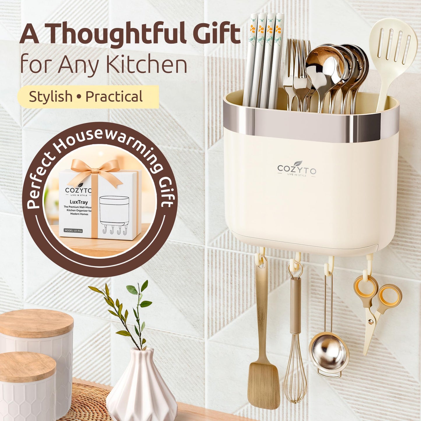 COZYTO LuxTray U1-Pro Wall Mounted Utensil Holder – Kitchen Organizer with Hooks, Dividers & Drain Tray, No-Drill Adhesive Wall Mount Storage, BPA-Free (Cream White & Shiny Silver)