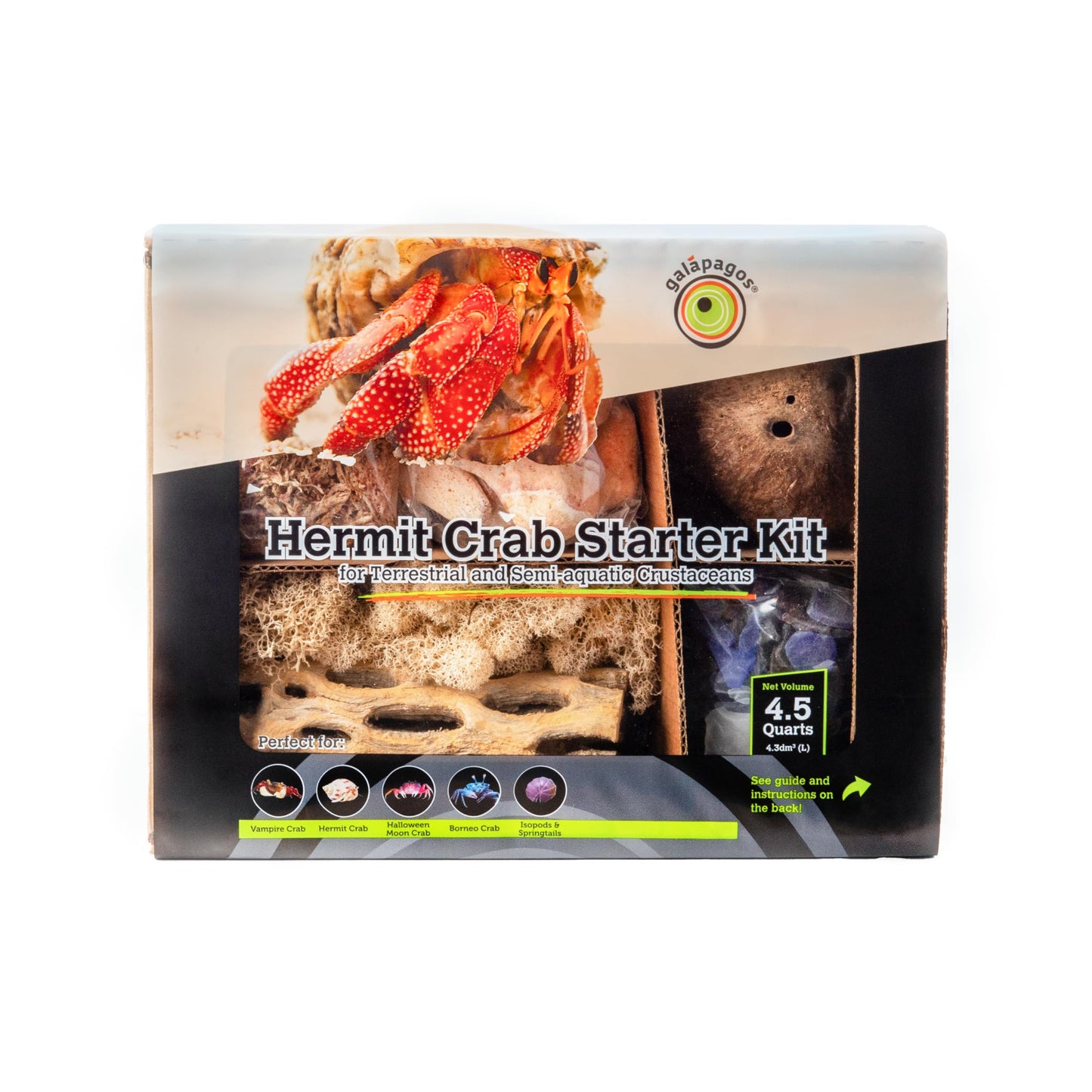 Galápagos (05355) Hermit Crab Starter Kit - Complete DIY Habitat Essentials for Terrestrial and Semi-Aquatic Crustaceans, Includes Cholla Wood, Coconut Hut, Moss, Stones and More, 4.5 Quarts