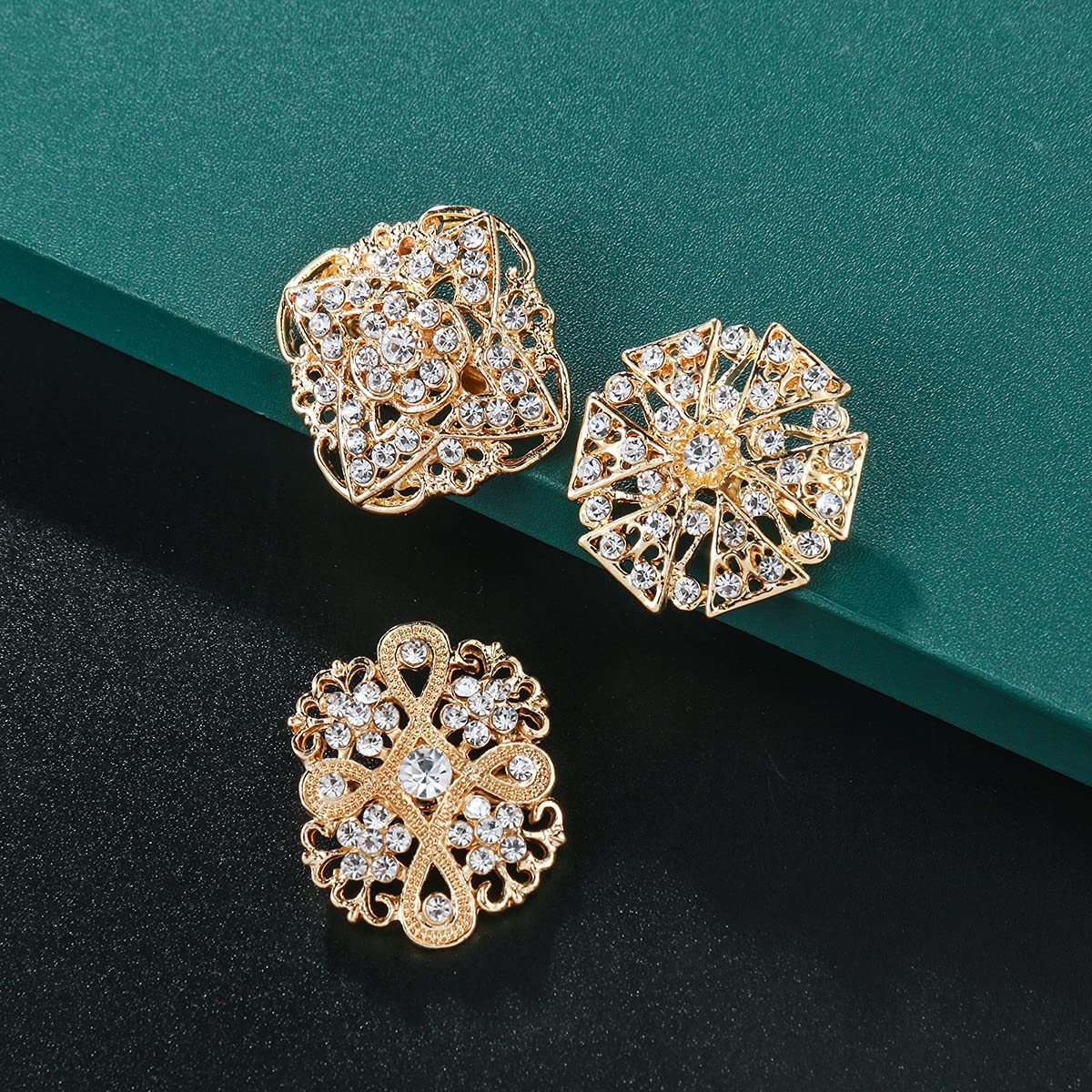 MEEDOZ Women's Gold Plated Lot 12pcs Assorted Crystal Rhinestone Flower Brooch Pin Set for DIY Bridal Wedding Bouquet Kit (Gold Tone)