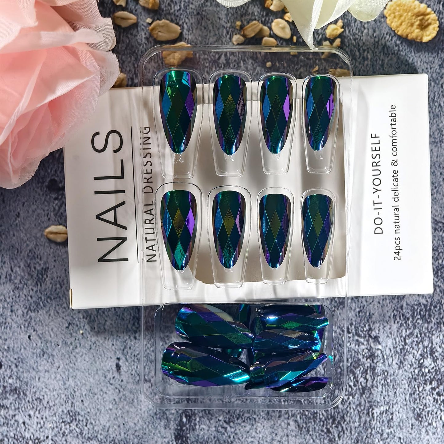 Green Press on Nails Medium Length Artificial Acrylic 3D Gradient Rainbow Diamond-Shaped Electroplating Fake Nails Almond Chrome Full Cover Glossy Press Ons Artificial Fingernails for Women Manicure