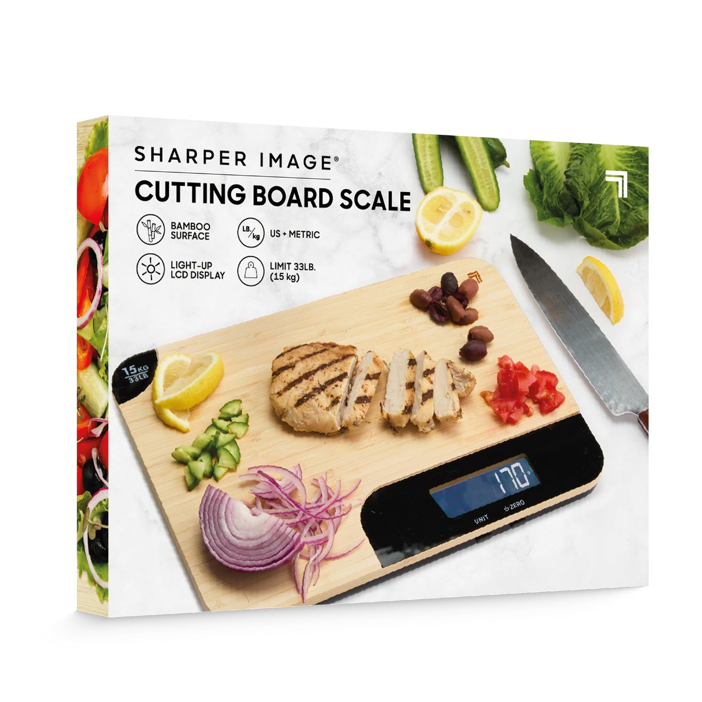 Sharper Image Bamboo Cutting Board & Digital Food Scale, 33 lb Capacity, Measures Grams & Ounces, Multi-Functional for Food Prep, Baking, Dieting, Portion Control, Kitchen Gadgets Gift