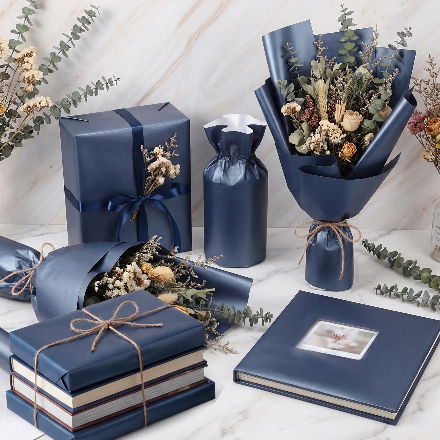 woric Navy Blue Wrapping Paper Roll 17 In X 33 Ft Blue Gift Wrapping Paper with Matte Pearly for DIY Bouquet Weddings Birthdays Graduations Father's Day