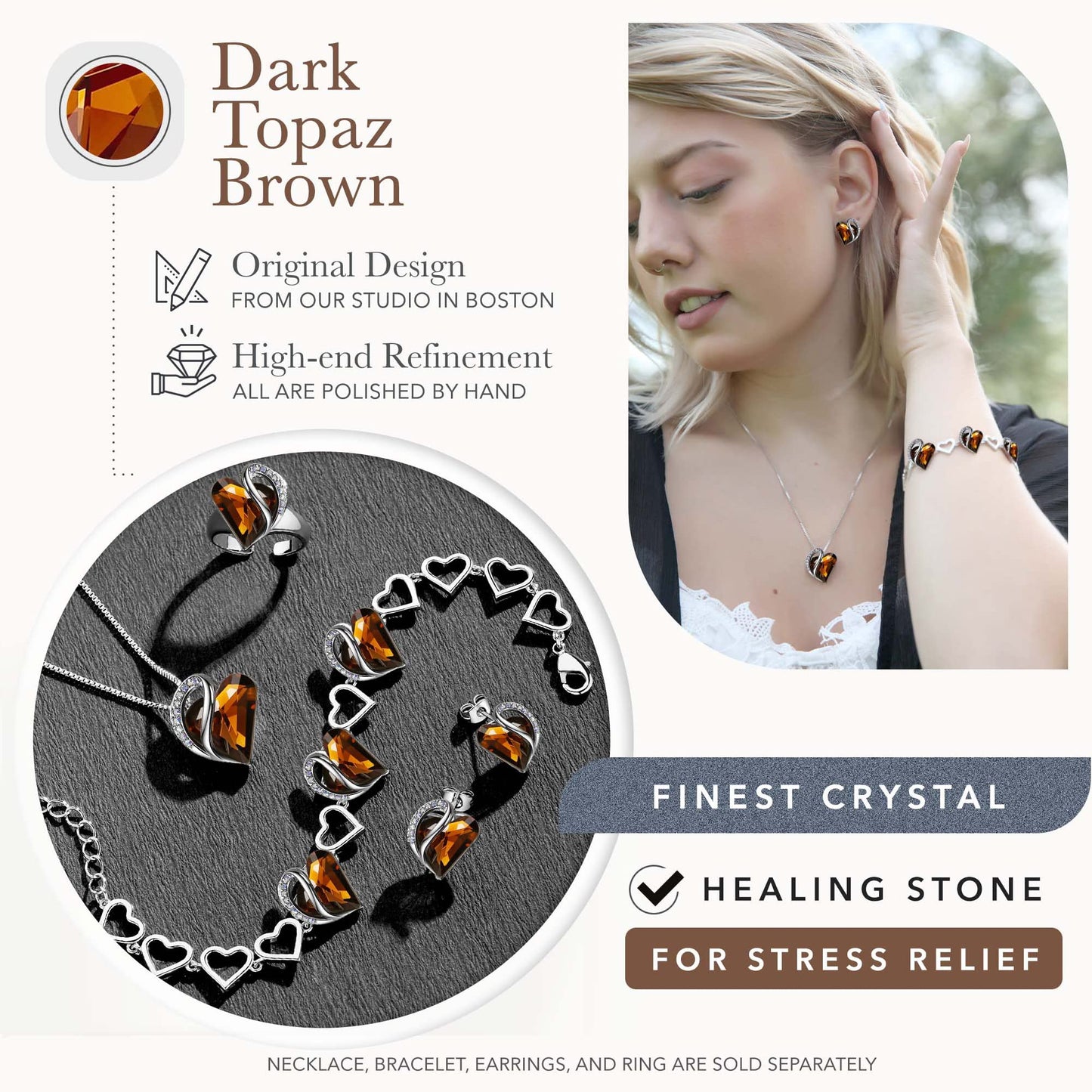 Leafael Infinity Love Heart Gift Bracelet for Women, Birthstone Crystal, Healing Stone for Stress Relief, Dark Topaz Brown, Silver Tone, 7-inch Chain and 2-inch Extender